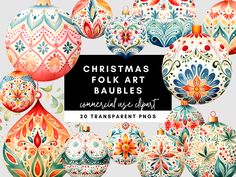 christmas folk art baubles are featured in this postcard style image with the words,