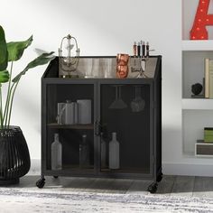 a black cabinet sitting on top of a wooden floor next to a potted plant