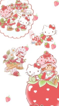 an image of hello kitty wallpaper with strawberrys and other things in the background