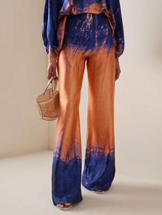 High Waisted Loose Contrast Color Gradient Split-Joint Tie-Dyed Pants Trousers Silk Wide Leg Pants, Tie Dye Pants, Puff Sleeve Shirt, Loose Trousers, Color Gradient, Pant Sets, Suit Fashion, High Waisted Trousers, Fall Outfits Women