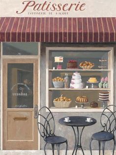 a painting of two tables and chairs in front of a pastry shop