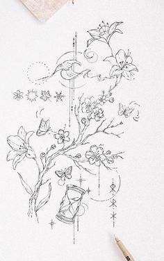 a drawing of a tree with flowers and birds on it