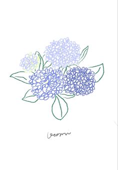 a drawing of some blue flowers on a white background with the word geranin written below it