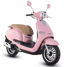 a pink scooter is parked on a white surface with the seat up and side down