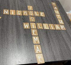 scrabble tiles spelling out the names of people and places on a table top