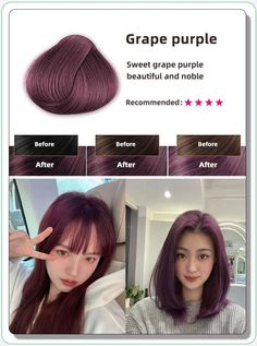 Purple Hair In Brown Hair, Grape Colored Hair, Hair Colors That Compliment Green Eyes, Pale Violet Hair, No Dye Hair Color, Hair Color For Beginners, Grape Color Hair, Types Of Purple Hair, Sally Hair Color Dyes At Home