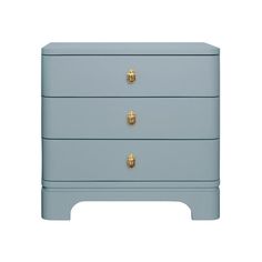 a blue dresser with two drawers and gold knobs on the top, against a white background