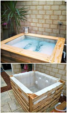 an outdoor hot tub made out of wooden pallets and some water in the middle