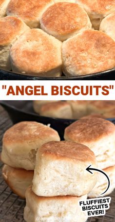 a pan filled with biscuits and the words angel biscuits on it in front of an image of