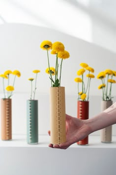 a hand holding a vase with yellow flowers in it and several smaller ones behind it