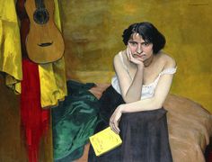 a painting of a woman sitting on a bed next to a guitar