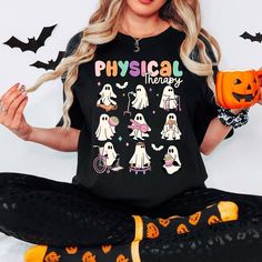 "Physical Therapy Shirt, PT Ghosts Shirt, Halloween Physical Therapist Shirt, Spooky PT Shirt, PT Pta Shirt, Doctor Physical Therapist Shirt Product Details: 100% Cotton (fiber content may vary for different colors) Medium fabric (5.3 oz/yd² (180 g/m Classic fit Tear away label Runs true to size Care instructions: Machine wash: warm (max 40C or 105F); Non-chlorine: bleach as needed; Tumble dry: medium; Do not iron; Do not dryclean. * Please select your style, size, and colour from the drop down Occupational Therapy Shirts, Halloween Reading, Slp Shirts, Speech Therapy Shirts, Ghost Reading, Read More Books, Ghost Shirt