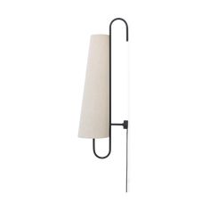 a wall lamp with a white shade on it's side and a black arm