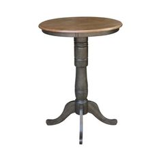 an old fashioned wooden table with two legs and a round top, on a white background