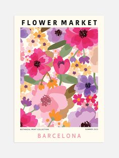 a flower market poster with pink, yellow and purple flowers in the center on a white background