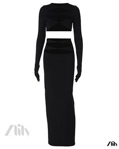 Zlily - Fashionable and Sexy Hollow Out Crop Top with Exquisite Cutouts, paired with a Slim Fit Midi Skirt Elegant Stretch Two-piece Set, Fitted Black Evening Sets, Black Two-piece Evening Set, Chic Stretch Two-piece Set, Fitted Two-piece Crop Top For Club, Black Fitted Two-piece Set, Chic Fitted Two-piece Set For Party, Fitted Black Two-piece Set, Fitted Skirt Set For Night Out