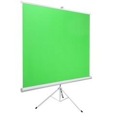 a green board is on a tripod with white legs and an empty screen behind it