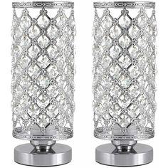 pair of crystal candle holders on chrome bases