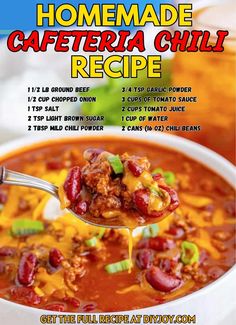 the recipe for homemade cafeteria chili is shown