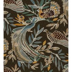 an artistic wallpaper design with birds and leaves on dark grey, yellow and green colors