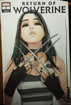 a drawing of a woman with scissors in her hands and the words return of wolverine on it