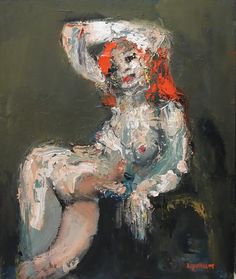 a painting of a woman with red hair and no shirt on sitting in a chair