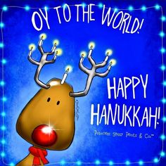 a happy hanukkah greeting card with reindeers and candles on the head