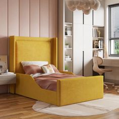 a bedroom with a bed, desk and chair next to a window in the room