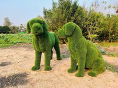 two dogs made out of grass sitting on top of a dirt field next to bushes