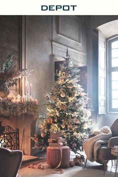 a living room with a christmas tree in the corner and presents on the floor next to it