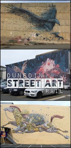 there are three pictures of the side of a building that is painted with street art