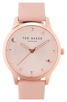 Celestial-themed indexes mark the brushed sunray dial of this elegant watch powered by a three-hand quartz movement and set on a leather strap. 16mm case Buckle closure Quartz movement Mineral crystal face Stainless steel with rose-goldtone plate/leather Imported Everyday Pink Quartz Watch, Elegant Watch, Leather Strap Watch, Three Hands, Ted Baker London, Minerals Crystals, Quartz Movement, Amazing Jewelry, Ted Baker