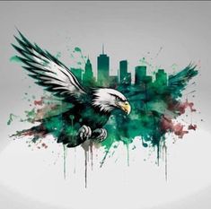 an eagle flying in front of a city skyline with paint splatters on it