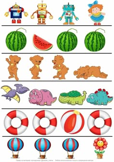 a set of cartoon animals and watermelon cut outs