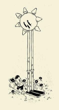 a drawing of a cartoon character on a skateboard in front of a tall pole