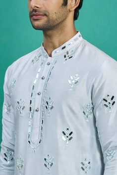 Shop for Khwaab by Sanjana Lakhani Blue Silk Mirror Work Kurta And Churidar Pant Set for Men Online at Aza Fashions Mirror Work Kurta Design For Men, Mirror Kurta Men, Mirror Work Kurta For Men, Mirror Work Neckline, Kurta Designs Men's, Mirror Work Kurta, Indian Wedding Clothes For Men, Silk Churidar