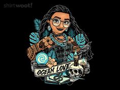 an image of a woman wearing glasses and holding a t - shirt with the words ocean love on it