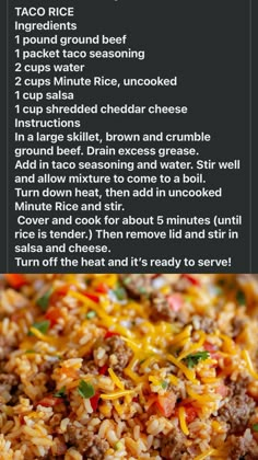 the recipe for mexican rice with ground beef and cheese is shown in two different languages