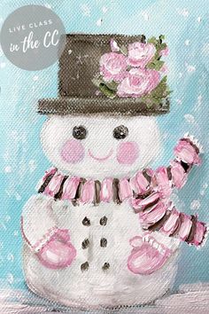 a painting of a snowman wearing a hat and scarf with flowers on his head