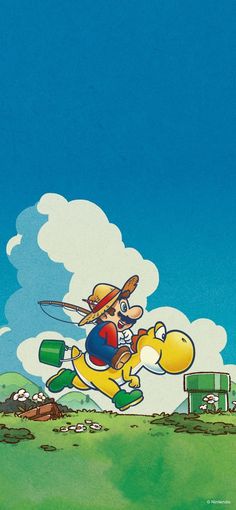 a cartoon character flying through the air on top of a yellow dinosaur in front of a blue sky