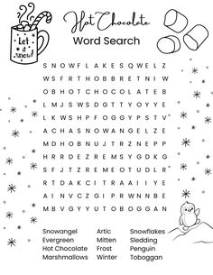 Printable Hot Chocolate Word Search, Stocking Stuffers, Holiday Games, Classroom and Educational Resources, Fun and Games, Hot Cocoa Have some fun this holiday season with our FULL PAGE Hot Chocolate Word Search! Find the words and color in the designs! Great for STOCKING STUFFERS, HOLIDAY PARTIES, CLASSROOMS, and COZY WEEKENDS.   WHAT IS INCLUDED: *One (1) Printable PDF file *Full-page, 8.5 x 11-inch *This item is a digital, print-ready file; no physical product will be shipped to you when you purchase. *Please note that colors may vary slightly from the digital product(s) pictured, depending on where the product is printed. TERMS OF USE: *No refunds on digital downloads. Files will be sent to your email address once payment is confirmed.  *All product(s)/file(s), without exception, are m Activities Nursing Home, Christmas Puzzles Printables, Holiday Word Search, Kids Educational Activities, Hot Cocoa Party, December Printable, Holiday Word, 6th Grade Worksheets, Cocoa Party