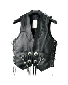 Description: AK MANI, Premium Quality Mens Black Original Leather Vest Chain Concho Motorcycle Biker Waistcoat Premium Quality    Key Features:      Outer shell is made of thick solid Real Leather.      Two chest pockets.      Comfortable inside liner made of non allergenic polyester.      Snap buttons on front for closure along with zipper.      Two waist pockets.      Large front and back panels for patches.   Color:    Black Vest Chain, T Pose, Black Armor, Mens Black Leather, Leather Vest, Biker Style, Leather Fringe