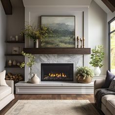 a living room filled with furniture and a fire place in the middle of a fireplace