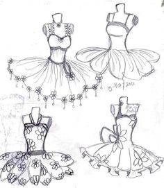 three sketches of dresses with bows on them