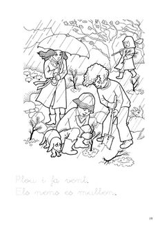 children playing in the rain with an umbrella and two dogs coloring page for kids to color