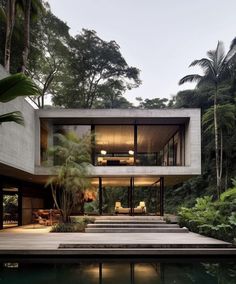 the house is surrounded by lush vegetation and has large windows that look out onto the water