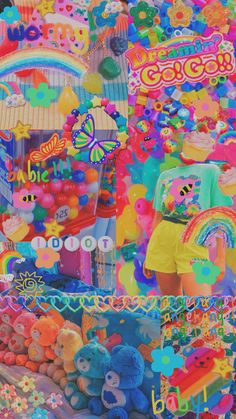 the collage is colorful and has many different things on it, including balloons, candy, and stuffed animals