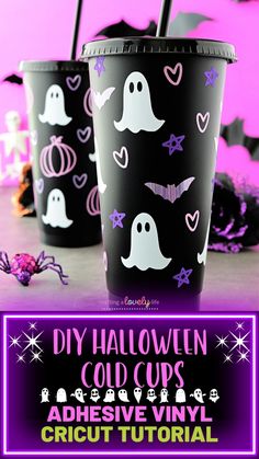 two cups with halloween decorations on them and the words diy halloween cold cups adhesive vinyl