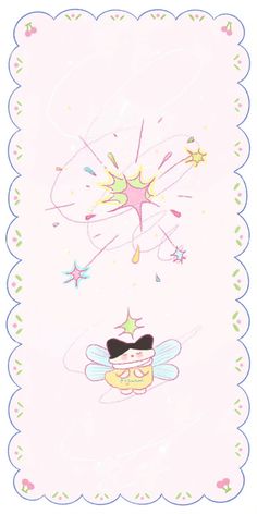 a pink background with an image of a cartoon character on the bottom and stars above it