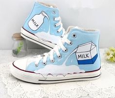 Painted Canvas Shoes, Milk Box, Kawaii Shoes, Blue Milk, Point Shoes, Prom Shoes, Shoe Art, Diy Shoes, Painted Shoes